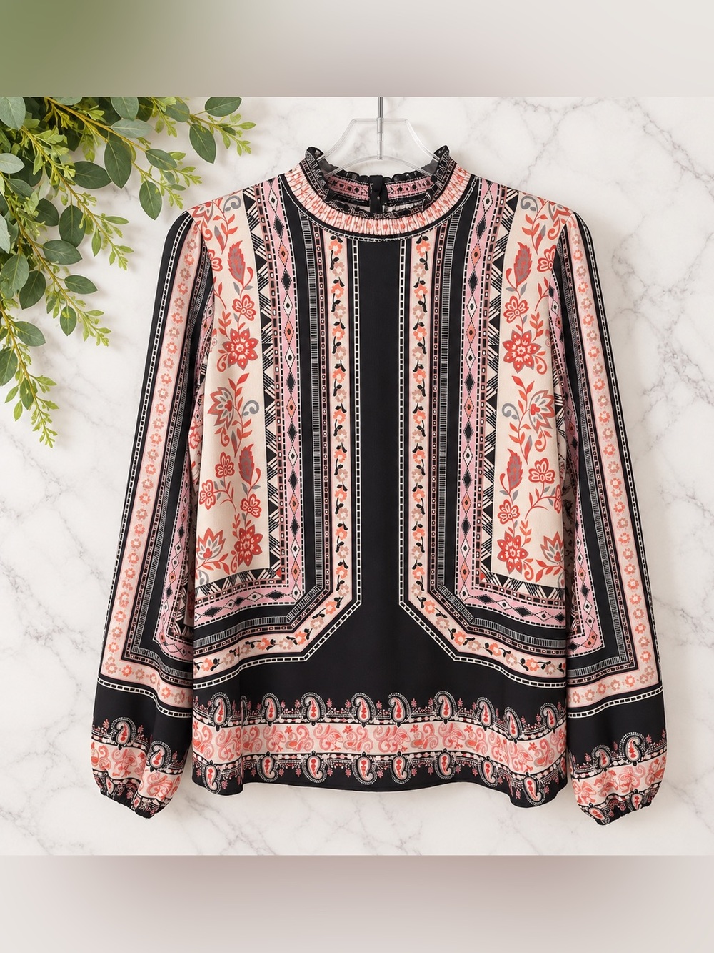 Jealous Tomato Boho Border Print Mock Neck Blouse Size Small